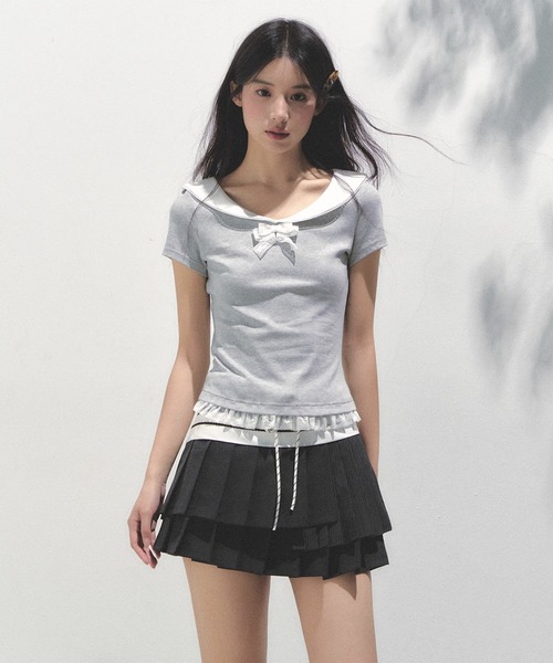SunsetPark tシャツ ピーターパンカラーリボントップス SP25s086 