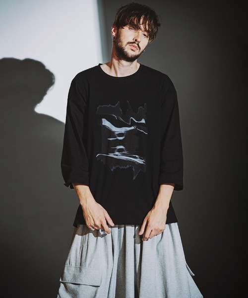NO ID. tシャツ mlt5345-Distortionプリント8分袖BIG-PO プル