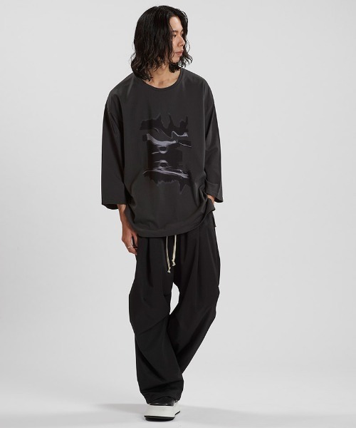 NO ID. tシャツ mlt5345-Distortionプリント8分袖BIG-PO プル