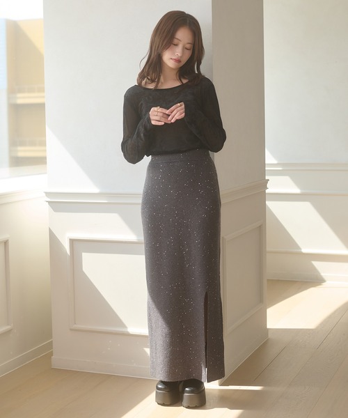 いっちゃん♡エメイン フレアスカート＋スパンコールニット Ambre Neige（アンブルネージュ） スカート sequins slit knit skirt