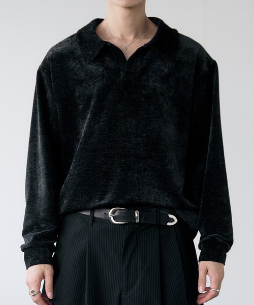 ANDER ベロア ポロシャツ 長袖 黒 襟付き スウェット Adoon plain ポロシャツ Velour Skipper Long Sleeve Poro / ベロア