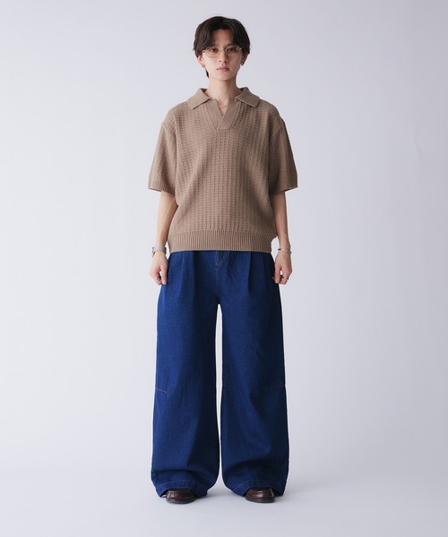 「Adoon plain」 半袖ニット LARGE ダークグレー メンズ_画像3