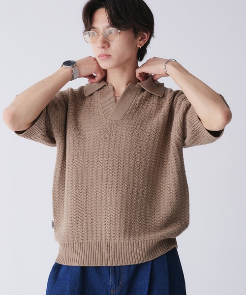 「Adoon plain」 半袖ニット LARGE ダークグレー メンズ_画像9