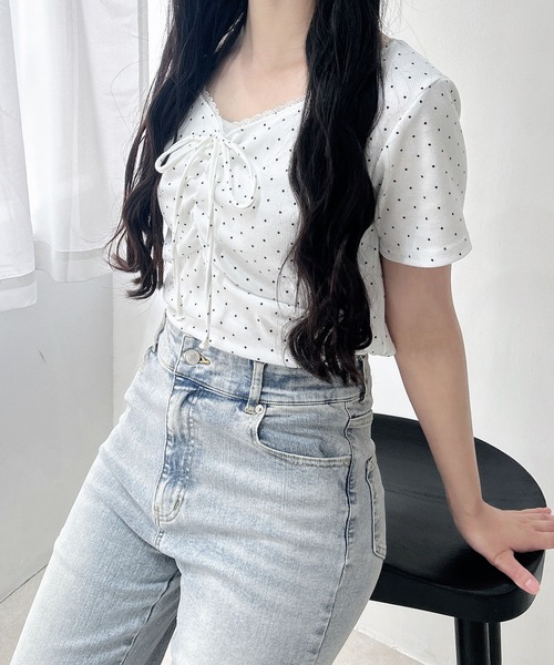 INGNI（イング） tシャツ 半袖 レース付フロントギャザーリボンリブ