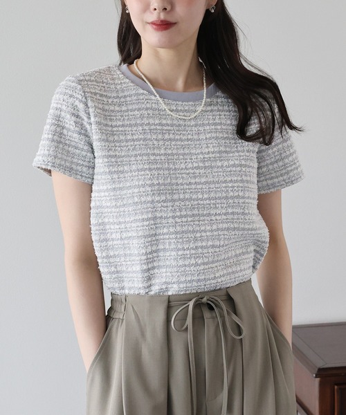 値下げcccmalie シーマリ　ツイード半袖　ホワイト BLUEEAST（ブルーイースト） tシャツ 半袖 ツイードTシャツ レディース