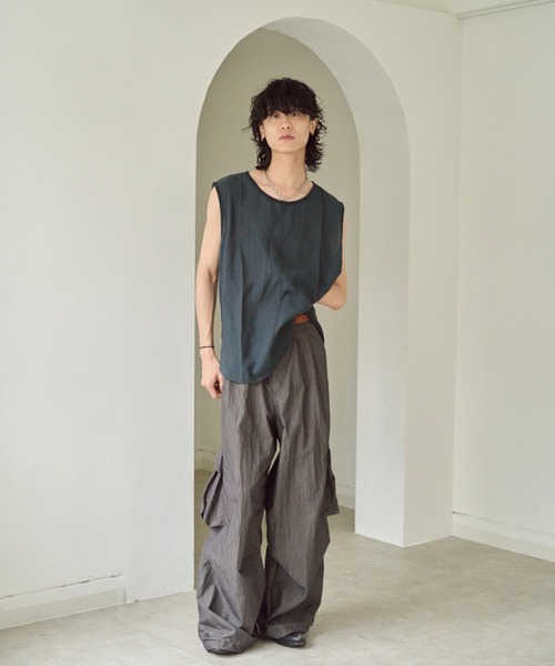 「CAMPHOR WOOD」 ノースリーブシャツ MEDIUM ネイビー メンズ_画像3