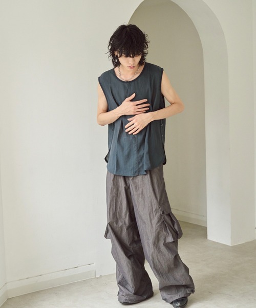 「CAMPHOR WOOD」 ノースリーブシャツ MEDIUM ネイビー メンズ_画像4