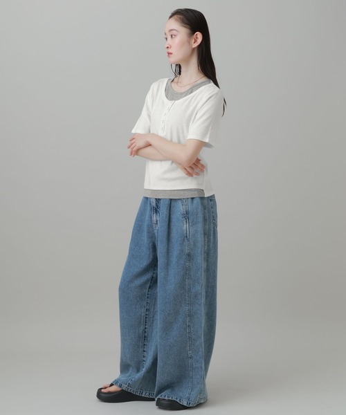 【バヤコ企画】ライトデニムパンツ2 てろてろ6分袖シャツ ブルー LAKOLE（ラコレ） ワイドパンツ ジーンズ デニム デニムパンツ 「接触