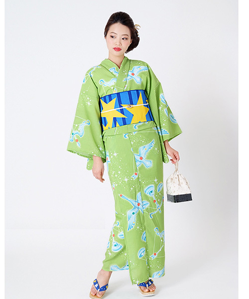 日本最大の KIMONOMACHI 浴衣 レディース 星 もえぎ色 女性浴衣単品 着物・浴衣