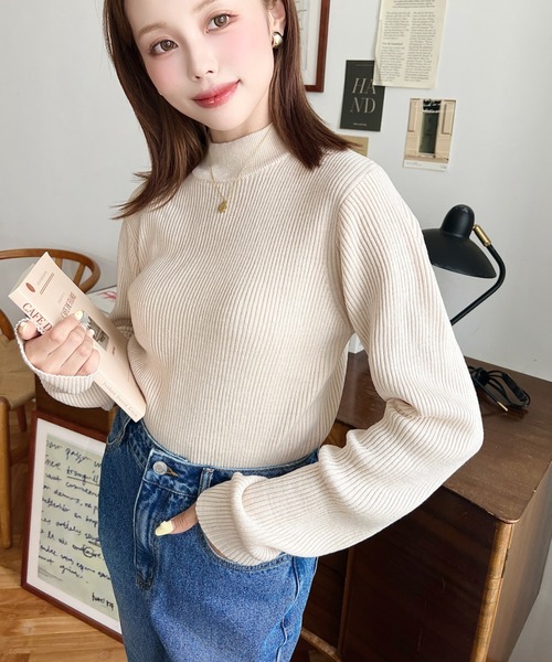 【10/22まで出品】TREFLE+1 ボトルネックリブニット ボーダー ボトルネックワイドリブニットプルオーバー