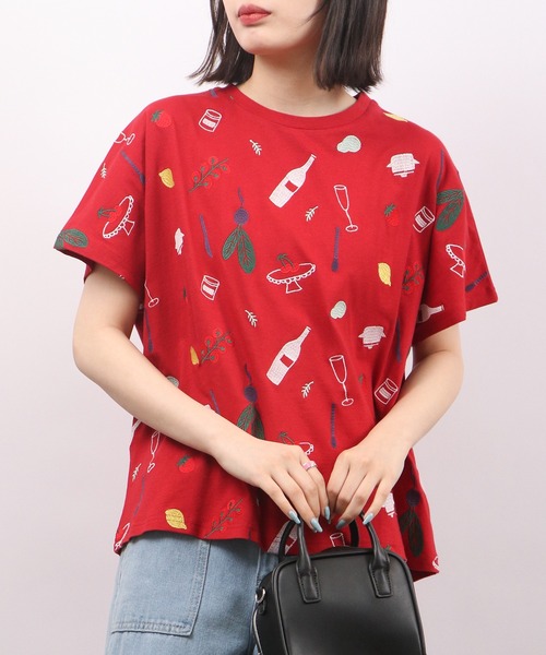 tシャツ EMAGO クッキング刺繍ドルマン半袖Tシャツ レディース