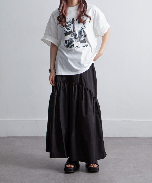 NILøS ニルズ F ロングTシャツ 半袖 ビッグカットソー 黒 日本製 Nilway（ニルウェイ） tシャツ アソートデザイン オーバーサイズ 半袖