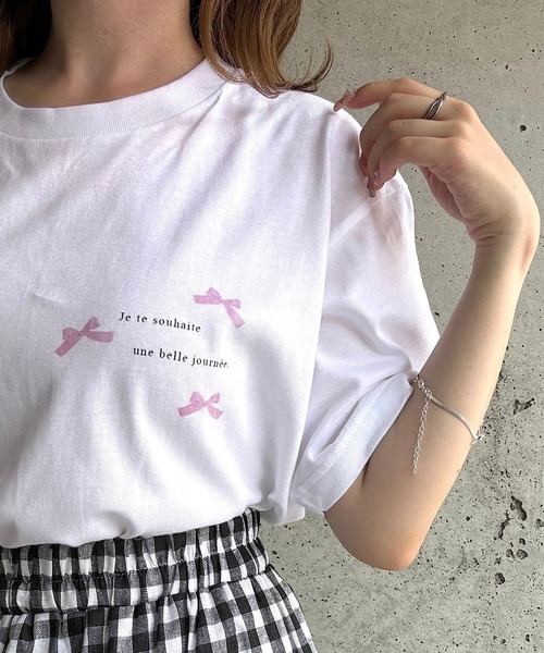 リボンT 半袖 Tシャツ リボン ピンク ホワイト S/L tシャツ pinkリボン英字半袖Tシャツ レディース : ZOZOTOWN