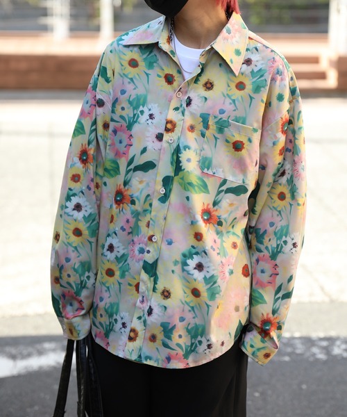 No.1553 VINTAGE ヴィンテージ 古着 総柄シャツ ポリシャツ 長袖 シャツ HOOK -original- 古着風総柄プリント長袖ポリシャツ メンズ