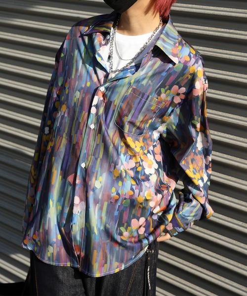 ヴィンテージ　vintage　ブルー　tシャツ　長袖　楽器 ブラウス　総柄　音楽 antiqua（アンティカ） 刺繍 楽器柄 シャツ レディース 長袖 トップス
