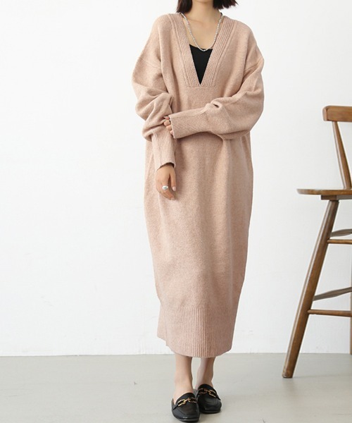 ウールVネック ロングワンピース ワンピース 天竺編みVネックニットロングワンピース : ZOZOTOWN Yahoo