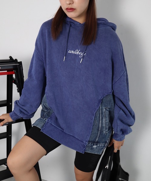 パーカー デニム切替サイドジップフーディー レディース Roger&Raw パーカー デニム切替サイドジップフーディー