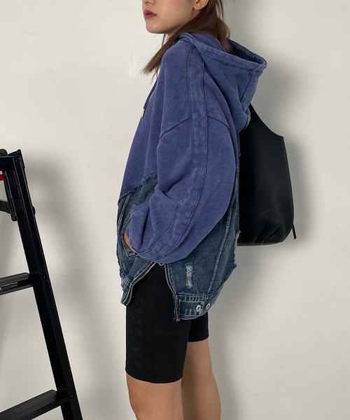 パーカー デニム切替サイドジップフーディー レディース Roger&Raw パーカー デニム切替サイドジップフーディー