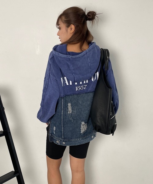 パーカー デニム切替サイドジップフーディー レディース Roger&Raw パーカー デニム切替サイドジップフーディー