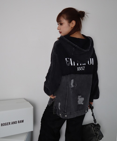 パーカー デニム切替サイドジップフーディー レディース Roger&Raw パーカー デニム切替サイドジップフーディー