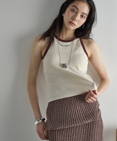 THE Yon タンクトップ ノースリーブ カップ付きバイカラーアメスリ