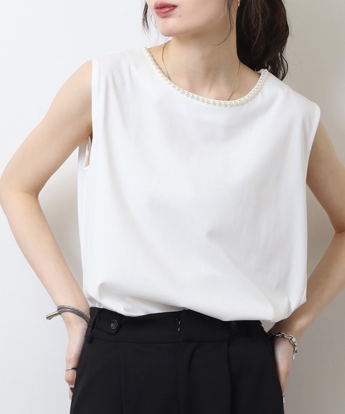 tシャツ BRODIAEA パール付きノースリーブきれいめカットソー レディース