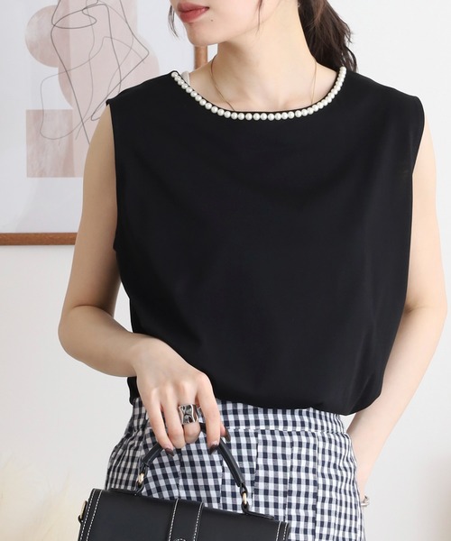 ブローディア BRODIAEA パール付きノースリーブきれいめカットソー （ブラック） tシャツ BRODIAEA パール付きノースリーブきれいめカットソー