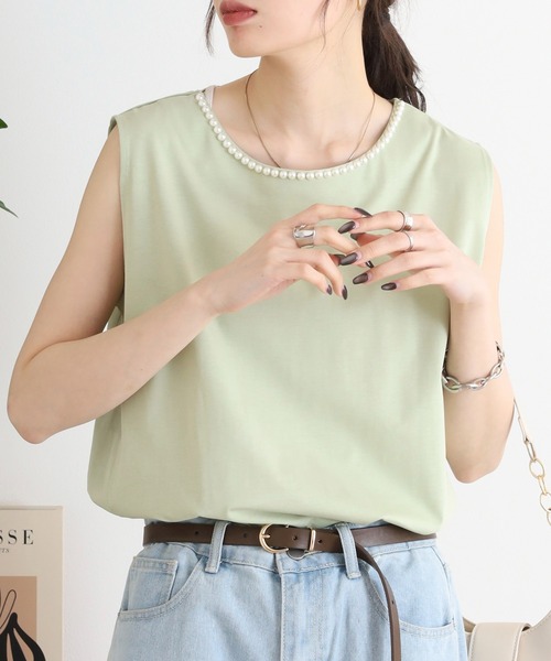 tシャツ BRODIAEA パール付きノースリーブきれいめカットソー