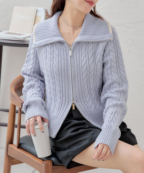 chikoページ SALON by Chico】フリルダブルカラー柄編みカーディガン（カーディガン