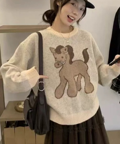 DIAVEL ニット セーター 「25秋冬新作」ポニー柄ジャガードニット