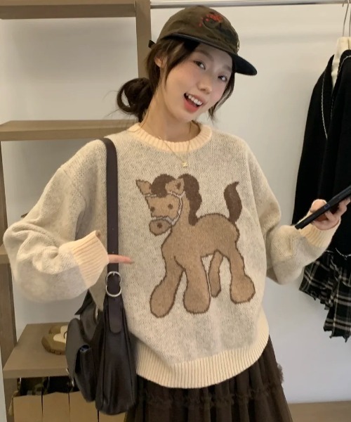 DIAVEL ニット セーター 「25秋冬新作」ポニー柄ジャガードニット