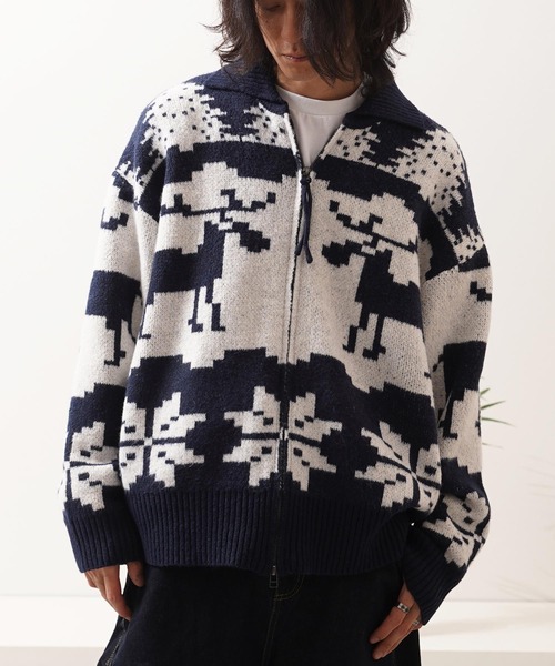 カーディガン ダブルZIP ノルディック ルーズ カウチンニット / Double