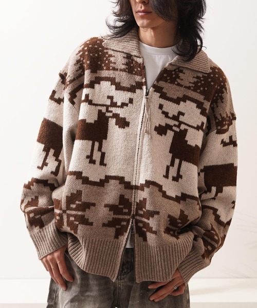 新品未使用　カウチンニット カーディガン ダブルZIP ノルディック ルーズ カウチンニット / Double