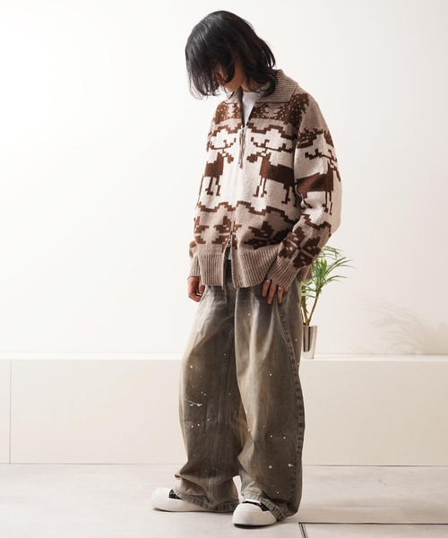 カーディガン ダブルZIP ノルディック ルーズ カウチンニット / Double