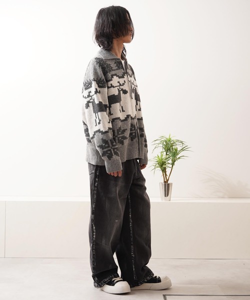 カーディガン ダブルZIP ノルディック ルーズ カウチンニット / Double