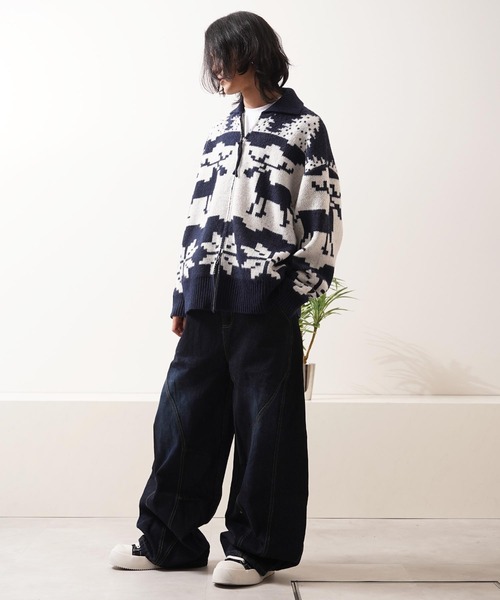 カーディガン ダブルZIP ノルディック ルーズ カウチンニット / Double