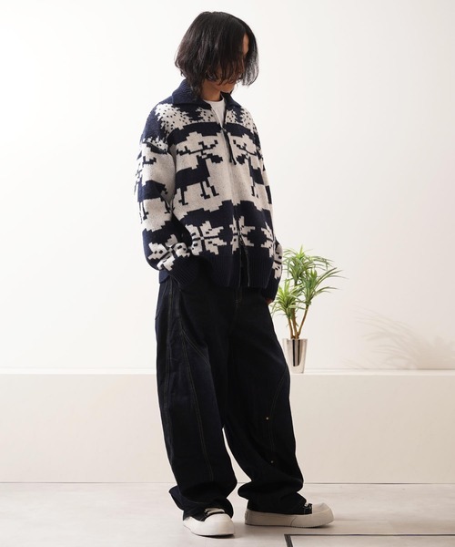 カーディガン ダブルZIP ノルディック ルーズ カウチンニット / Double