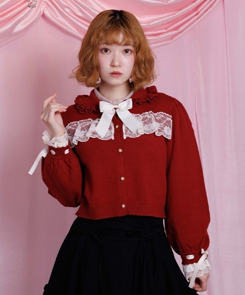 axes femme POETIQUE カーディガン 袖口レース衿付きニット