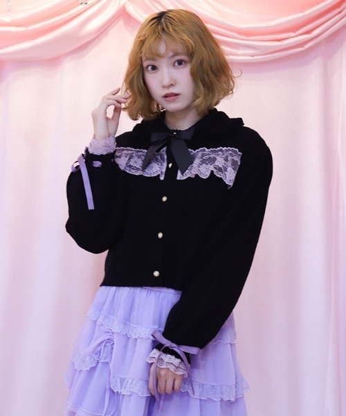 axes femme POETIQUE カーディガン 袖口レース衿付きニット