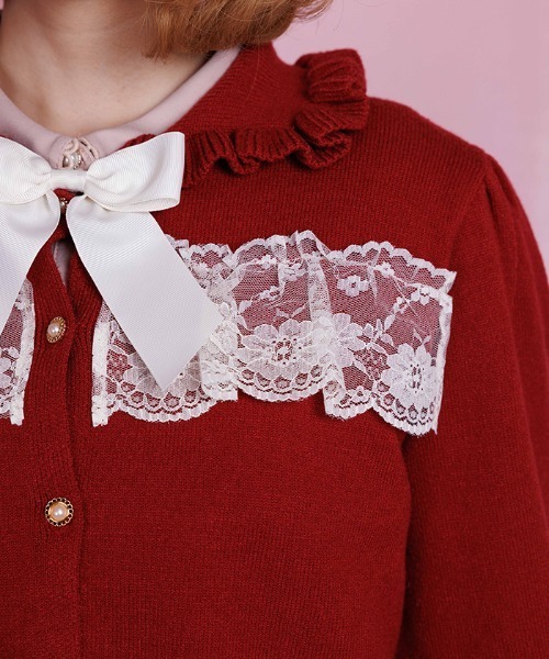 axes femme POETIQUE カーディガン 袖口レース衿付きニット