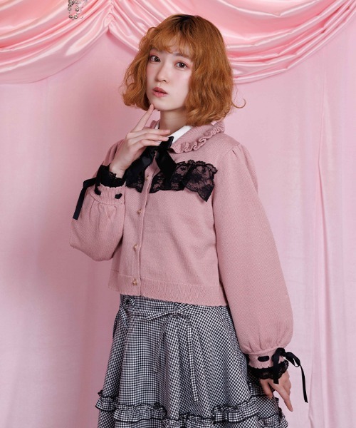 axes femme POETIQUE カーディガン 袖口レース衿付きニット
