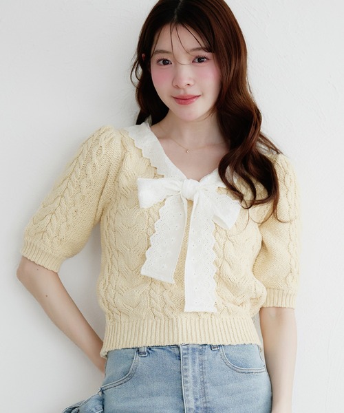 fupel サマーニット ニット セーター cotton lace cable knit tops
