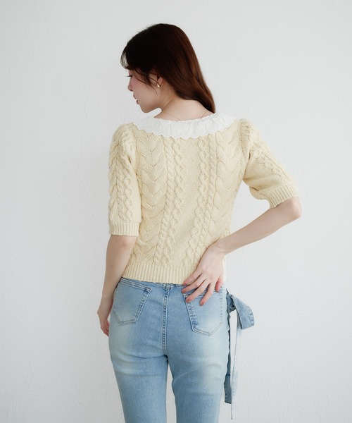 fupel サマーニット ニット セーター cotton lace cable knit tops