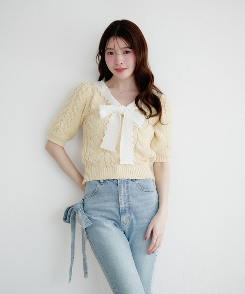 fupel サマーニット ニット セーター cotton lace cable knit tops