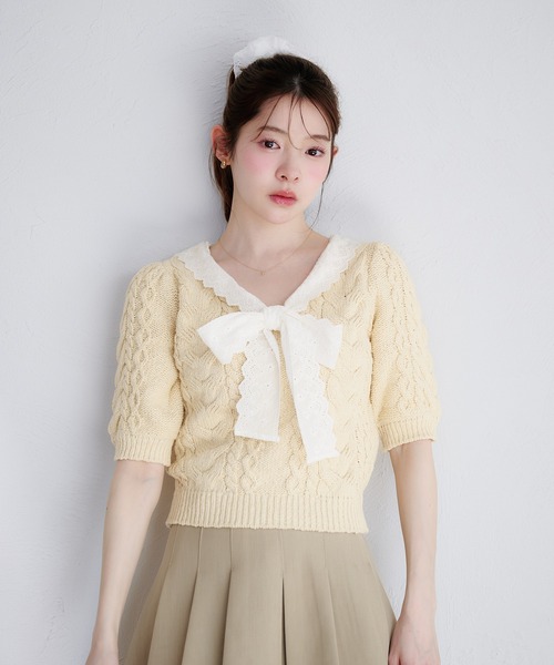 fupel サマーニット ニット セーター cotton lace cable knit tops