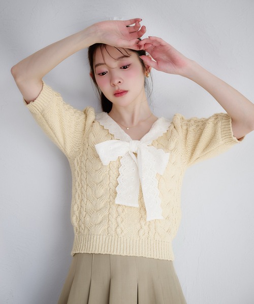 fupel サマーニット ニット セーター cotton lace cable knit tops
