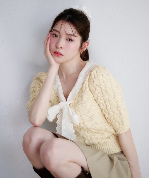 fupel サマーニット ニット セーター cotton lace cable knit tops