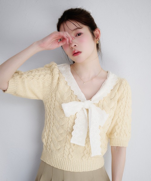 fupel サマーニット ニット セーター cotton lace cable knit tops