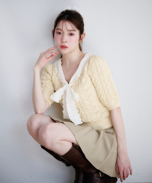 fupel サマーニット ニット セーター cotton lace cable knit tops
