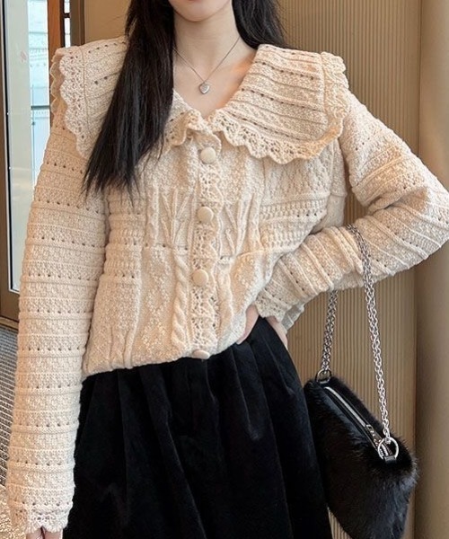 「Achic」 ニットカーディガン M ベージュ レディース_画像3